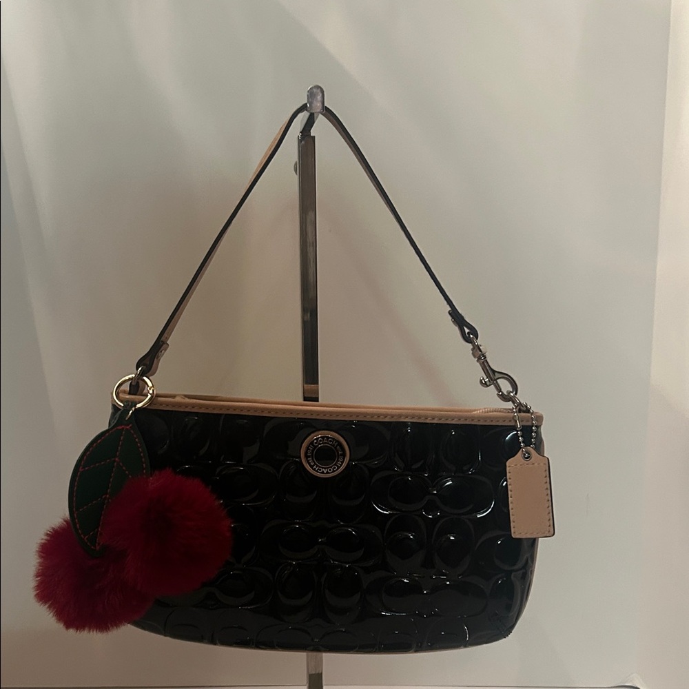 Coach Black Patent Leather Shoulder Bag with Red Accents